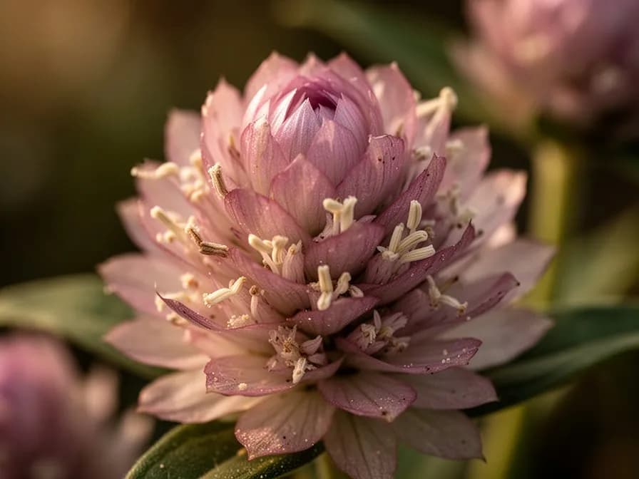 Gomphrena-Blütenköpfe ziehen in einer Glasteekanne