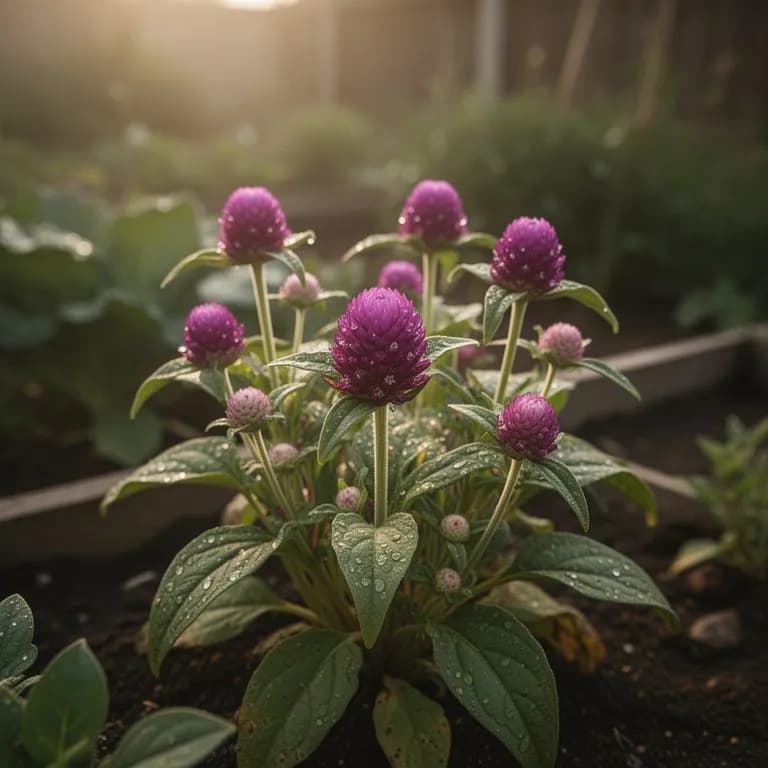 Plantas de gomphrena formando sus primeros capullos florales redondos