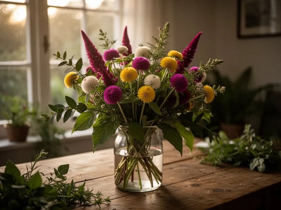 Manojos de flores secas de gomphrena colgadas boca abajo