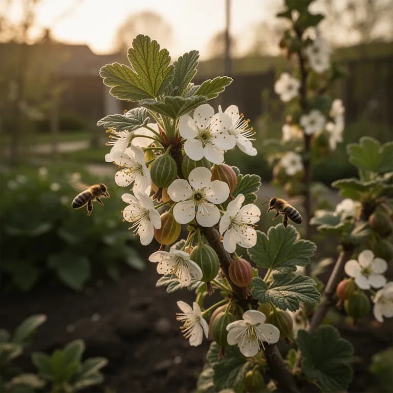 Small pale green gooseberry flowers in early spring