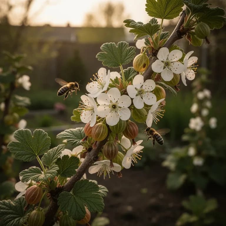 Stachelbeerknospen schwellen an und brechen im zeitigen Frühjahr in blassgrüne Blattbüschel auf
