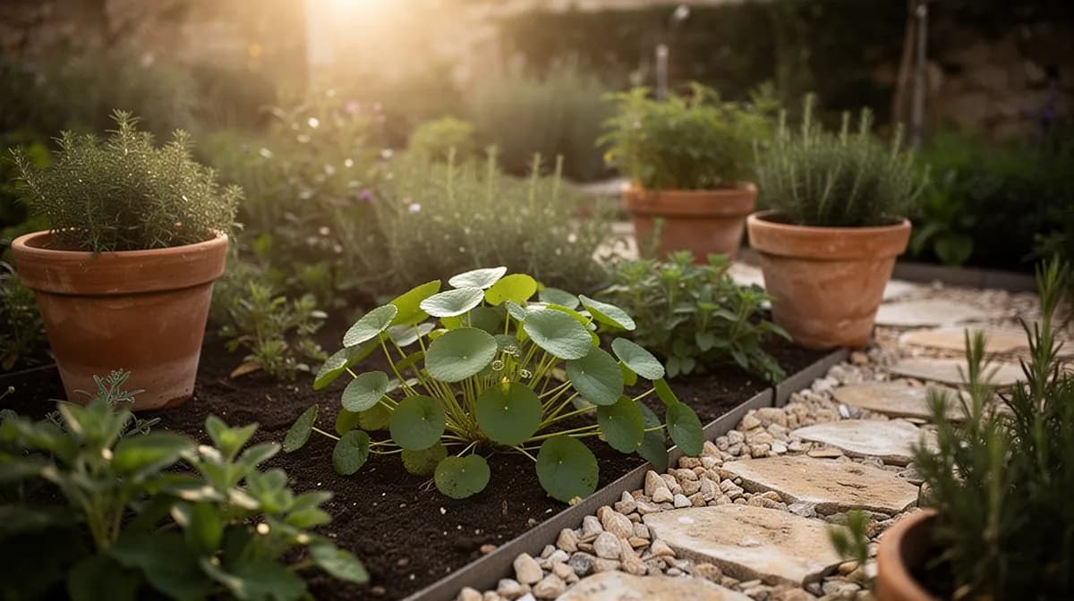 Un denso parche de gotu kola cubriendo un bancal de jardín húmedo junto a un elemento acuático