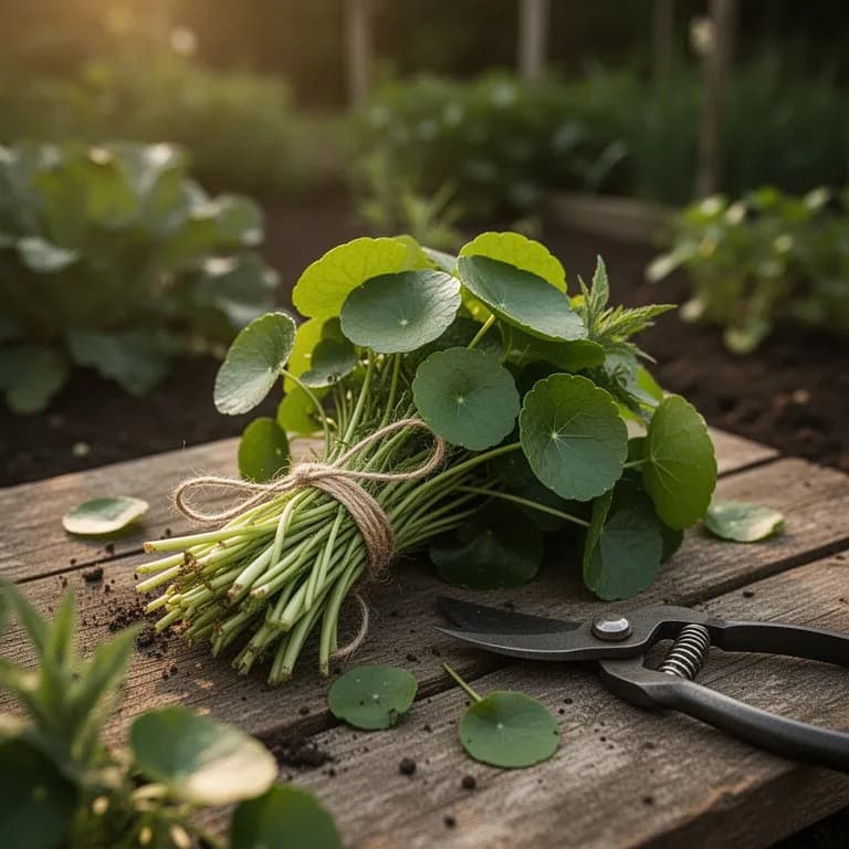 Hojas de gotu kola recién cosechadas dispuestas sobre una tabla de cortar de madera