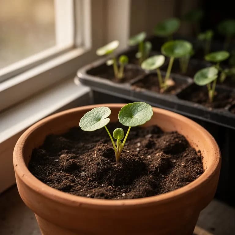 Plantas jóvenes de gotu kola estableciendo estolones en suelo húmedo