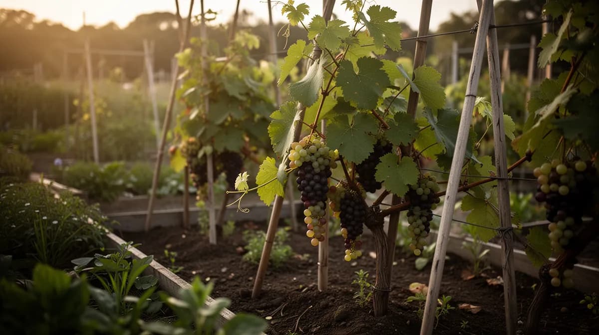 Weinreben an einem Holzspalier im Hausgarten erzogen