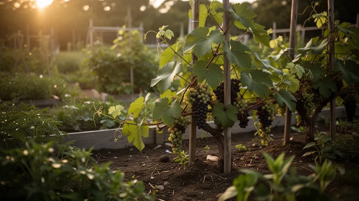 Vid de muscadina entrenada sobre una amplia pérgola de madera en un jardín del sur