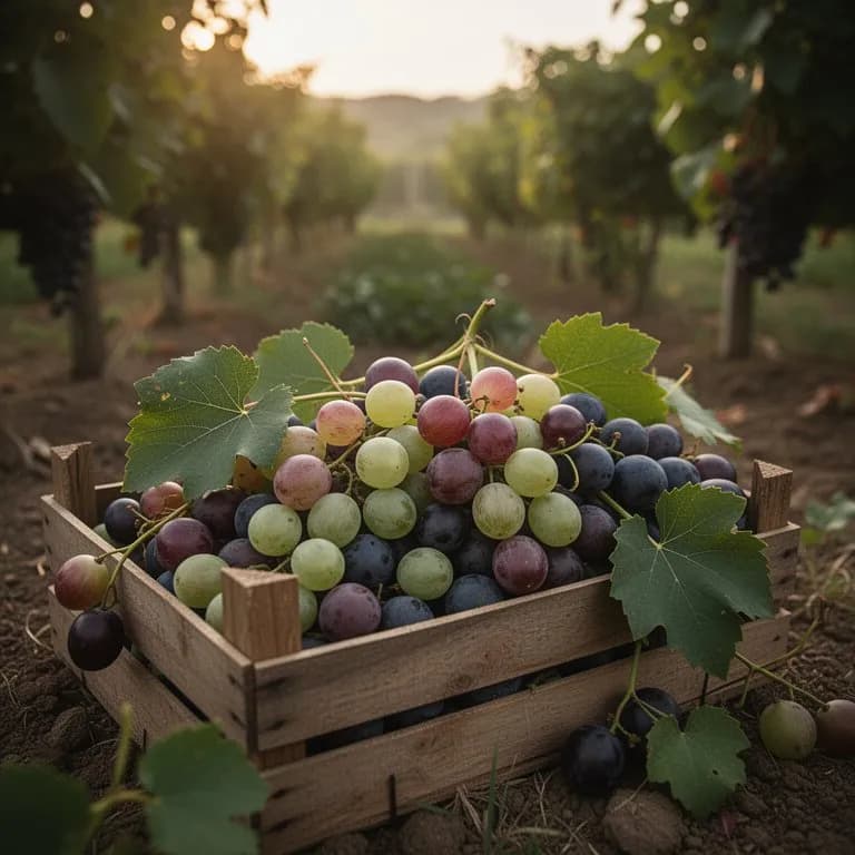 Manos recogiendo uvas muscadina maduras y sueltas del suelo y de la vid en una cesta de madera
