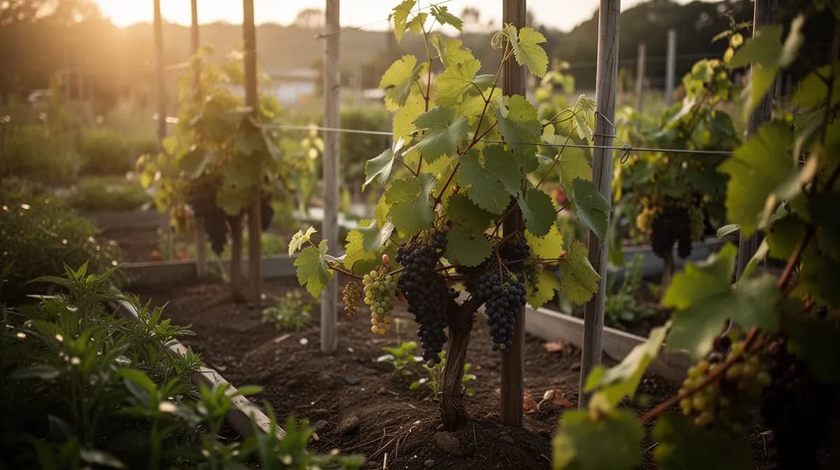 Vid de Pinot Noir entrenada en espaldera vertical con cordones y alambres
