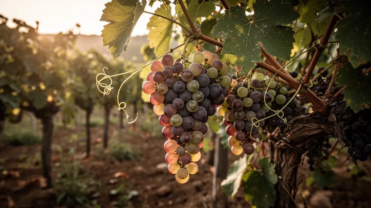 Racimos de Pinot Noir en véraison cambiando de verde a azul oscuro