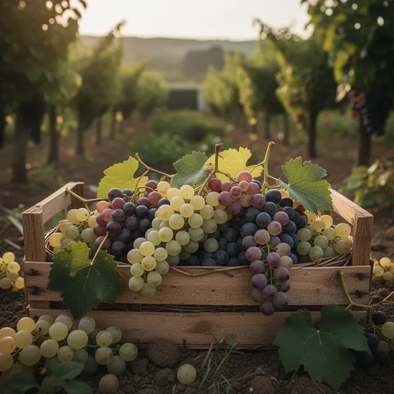 Uvas Riesling recién cosechadas en una cesta de madera
