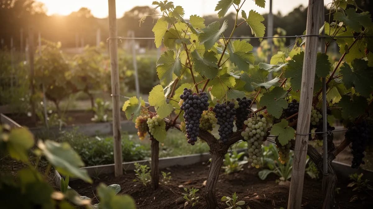Vides Syrah entrenadas en una espaldera VSP con una copa frondosa de verano en un viñedo doméstico