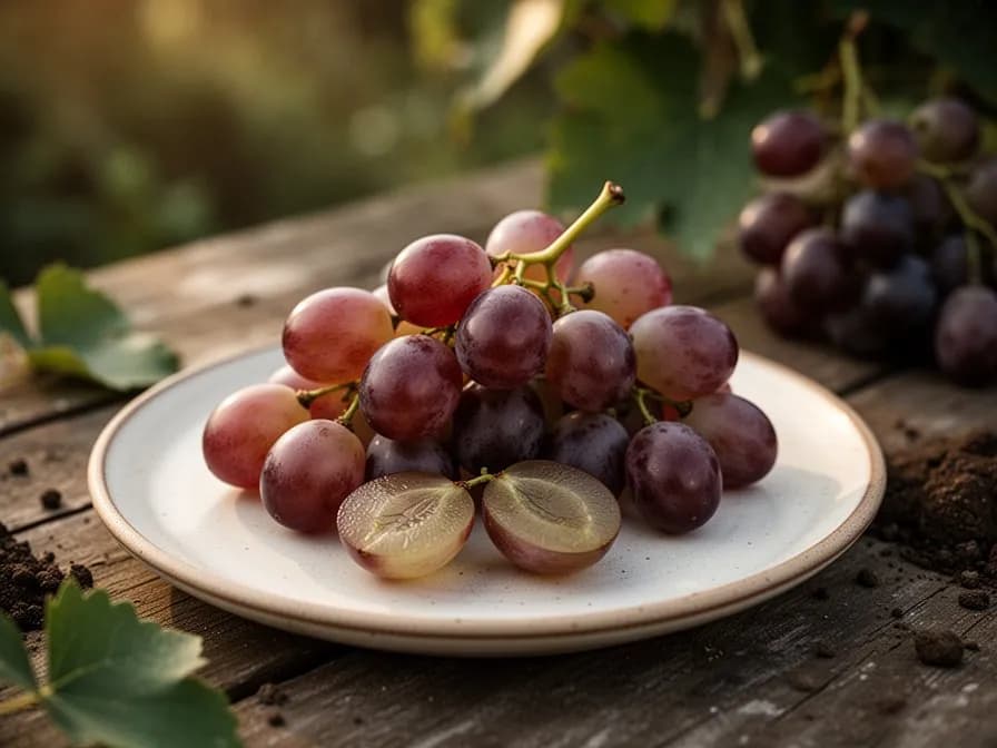 Auswahl beliebter Tafeltraubensorten — grüne Thompson Seedless, rote Flame Seedless und schwarze Autumn Royal