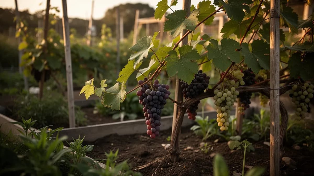 Tafelrebe wächst über eine Holzpergola und spendet Schatten und Früchte über einer Gartenterrasse