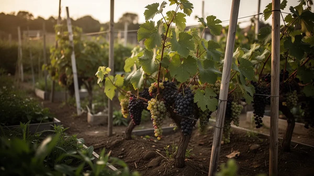 Vides maduras de Zinfandel entrenadas en un sistema tradicional californiano de poda con pulgares y tronco retorcido de madera vieja