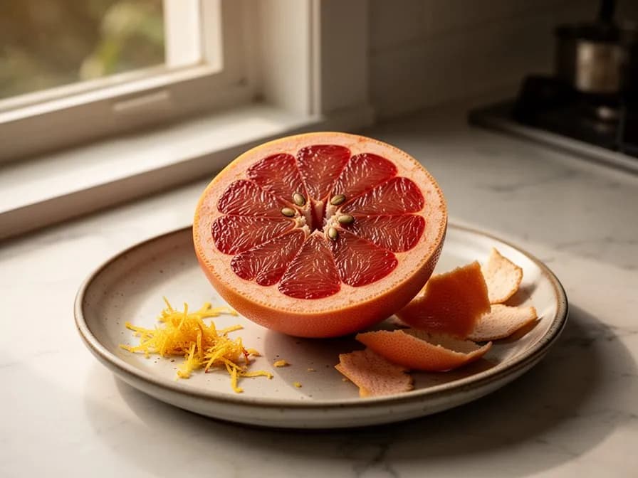 Ruby Red Grapefruit halbiert auf einem Holzbrett, die tief pink-roten Fruchtfleischsegmente zeigend