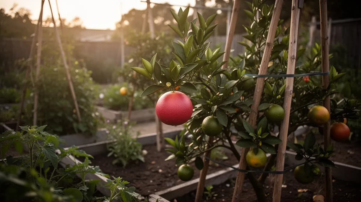Zwerg-Ruby-Red-Grapefruitbaum in einem großen glasierten Keramiktopf auf einer sonnendurchfluteten Terrasse