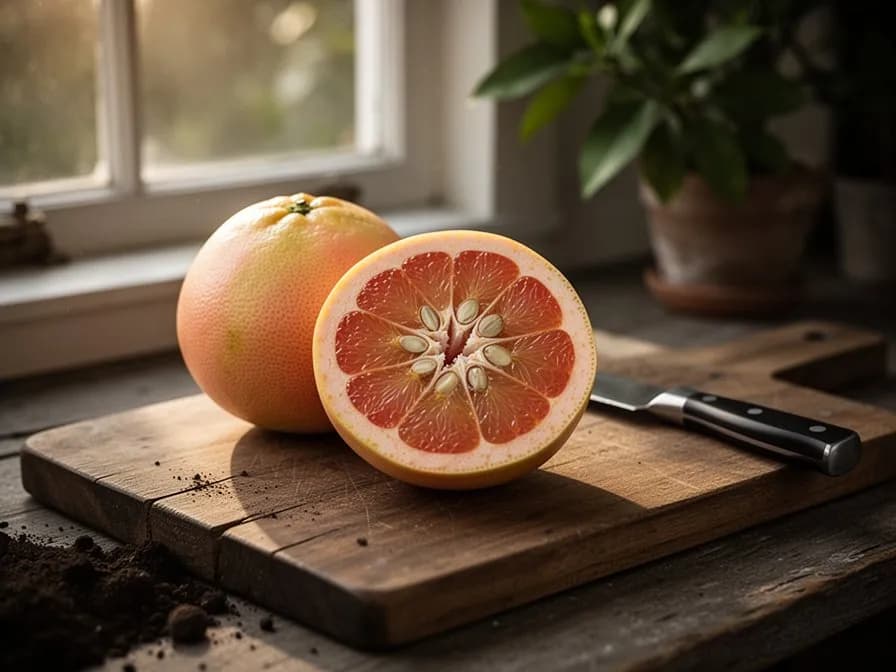 Halbierte Grapefruit mit blassgelben, saftigen Segmenten und weißer Schale auf einem Schneidebrett