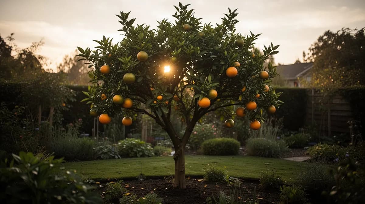 Weit ausladende Krone eines Grapefruitbaums von unten betrachtet mit dichtem Laub und hängenden Fruchttrauben