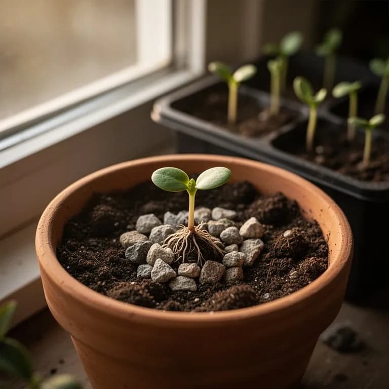 Joven plántula de raíz de grava con hojas lanceoladas opuestas emergiendo en una maceta de vivero