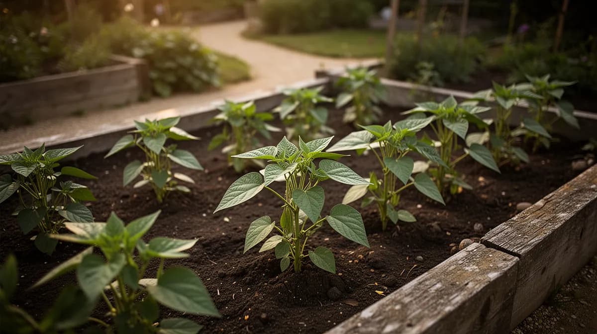 Grüne Bohnenpflanzen, die an einem Spalier im Garten wachsen