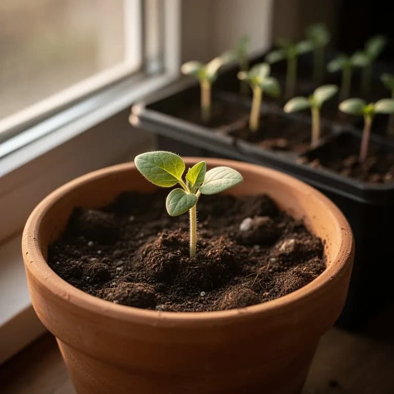 Ground cherry seedling with soft, downy heart-shaped leaves in a seed tray under grow lights
