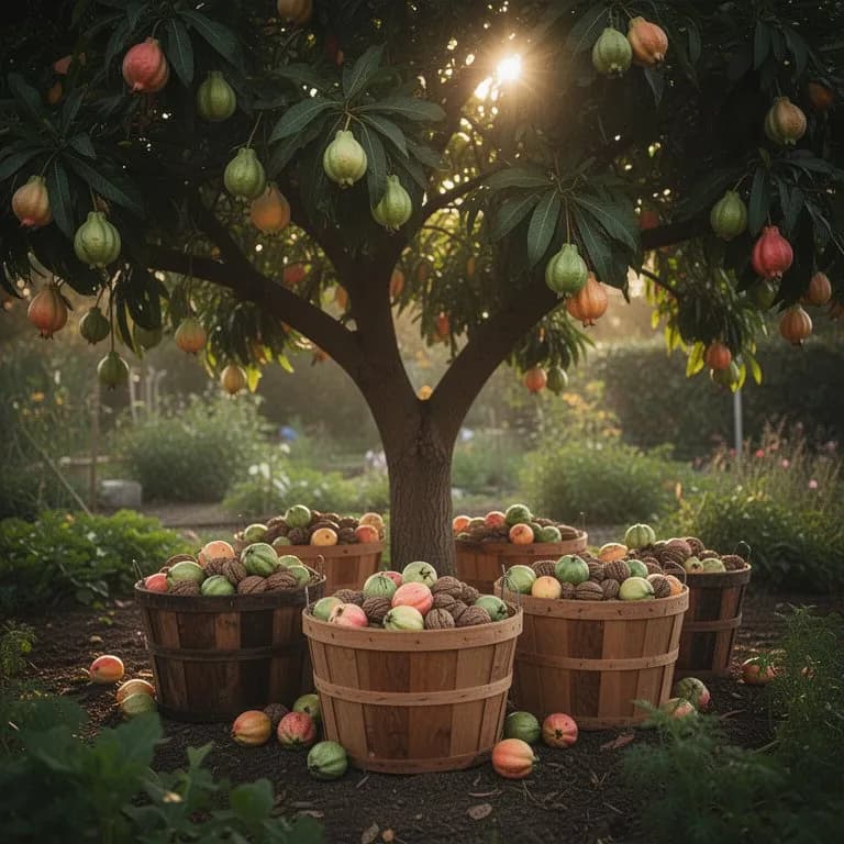 Ripe yellow-green guava fruits hanging from the tree