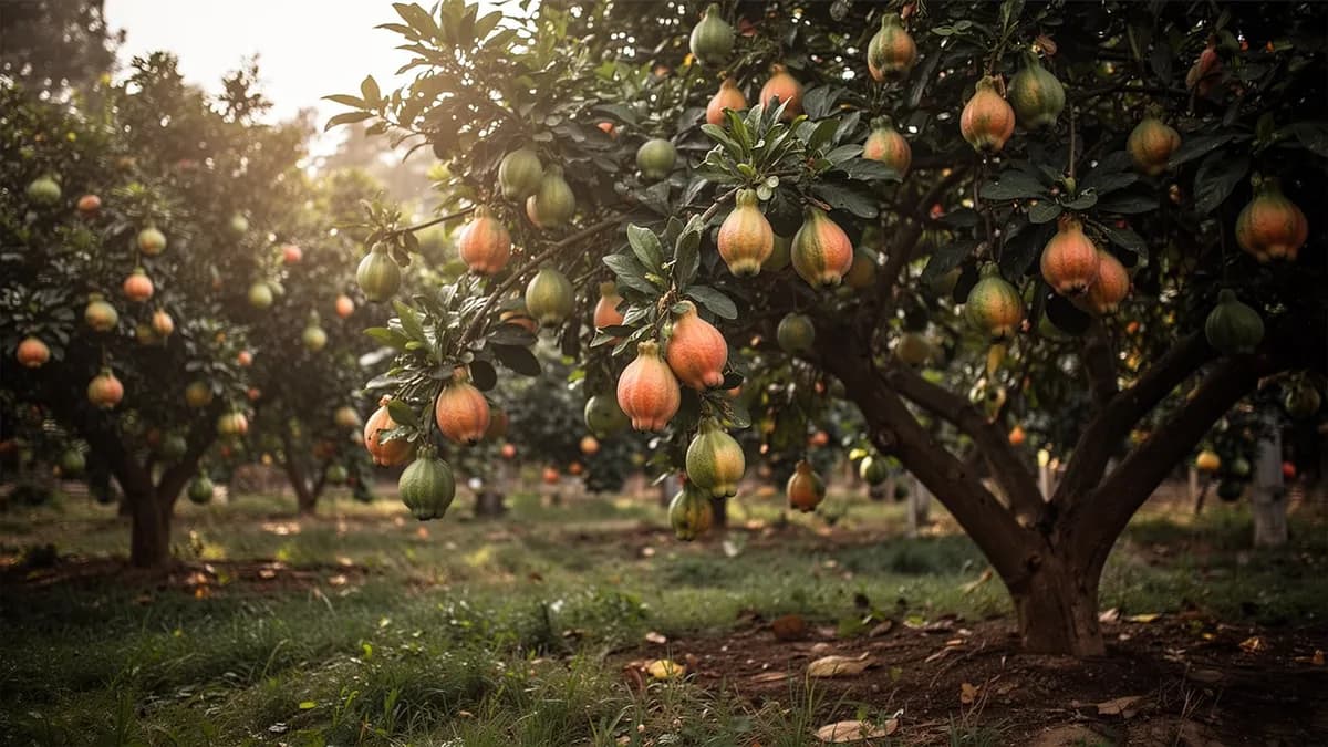 Jardinero podando ramas de guayabo para mantener su forma