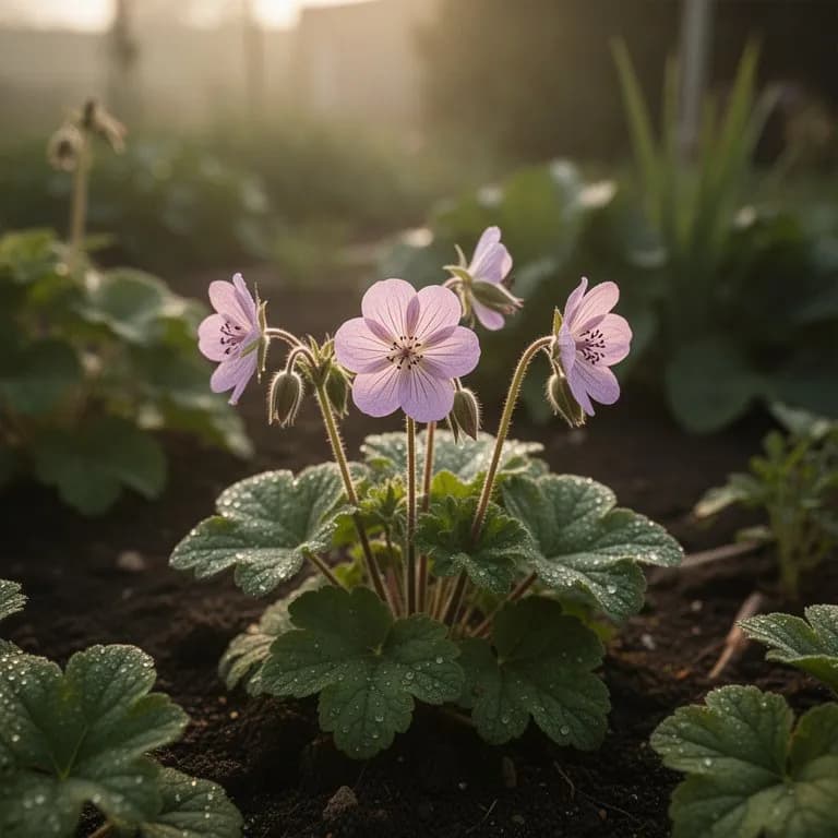 Nahaufnahme einer Storchschnabelblüte mit fünf zarten Blütenblättern und dunkler Aderung