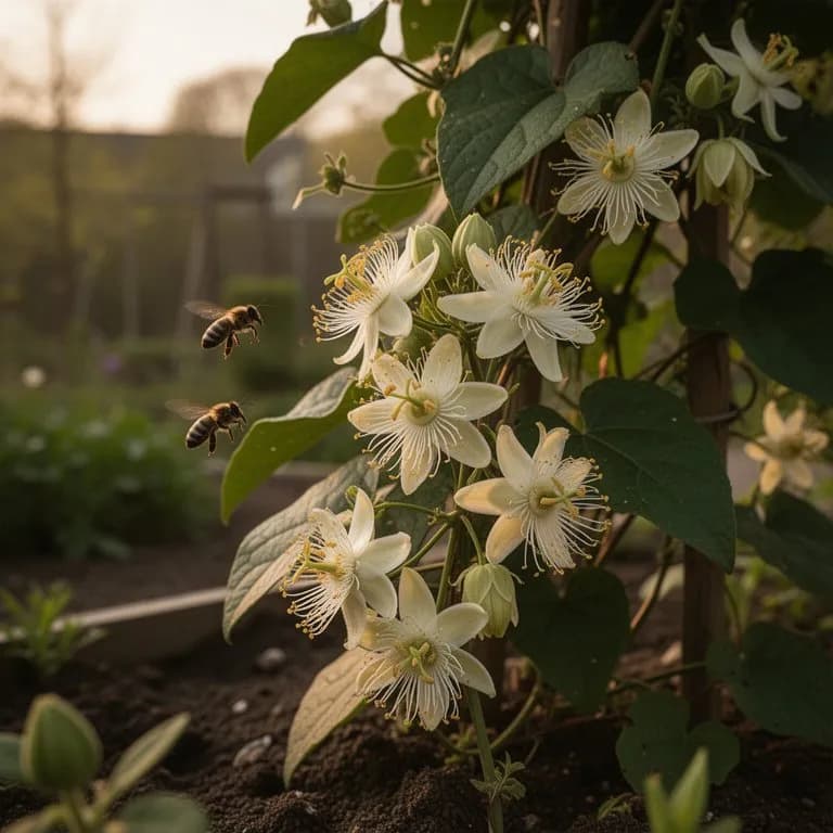 Impresionante flor de Passiflora incarnata con filamentos lavanda y blancos y estambres centrales prominentes