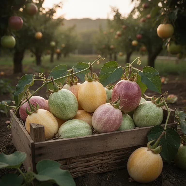 Frutos maduros amarillo verdosos de maypop colgando de una enredadera entre hojas lobuladas