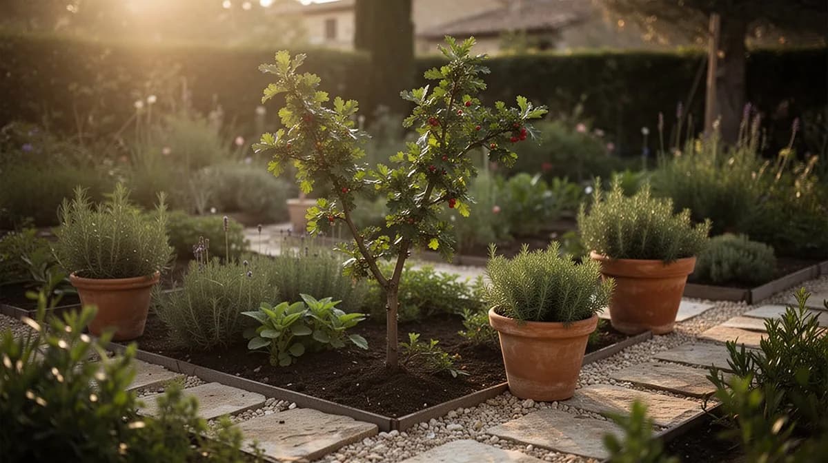 Ausgewachsener Weißdornbaum, als Hecke in einem Bauerngarten-Beet mit gemischten Stauden gezogen
