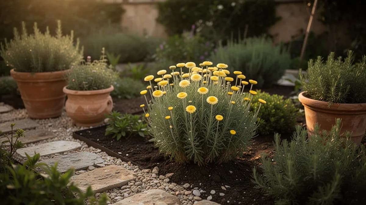 Strohblume als silberblättrige Beetpflanze in einem mediterranen Garten