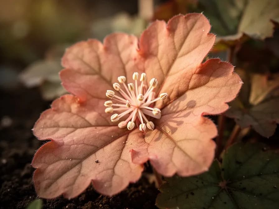 Follaje de heuchera cubierto por una ligera escarcha a finales de otoño