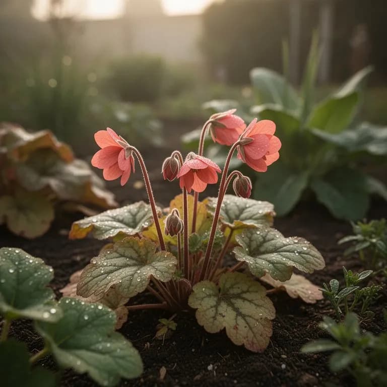 Delicadas flores rosadas en forma de campana sobre tallos finos de heuchera que sobresalen del follaje