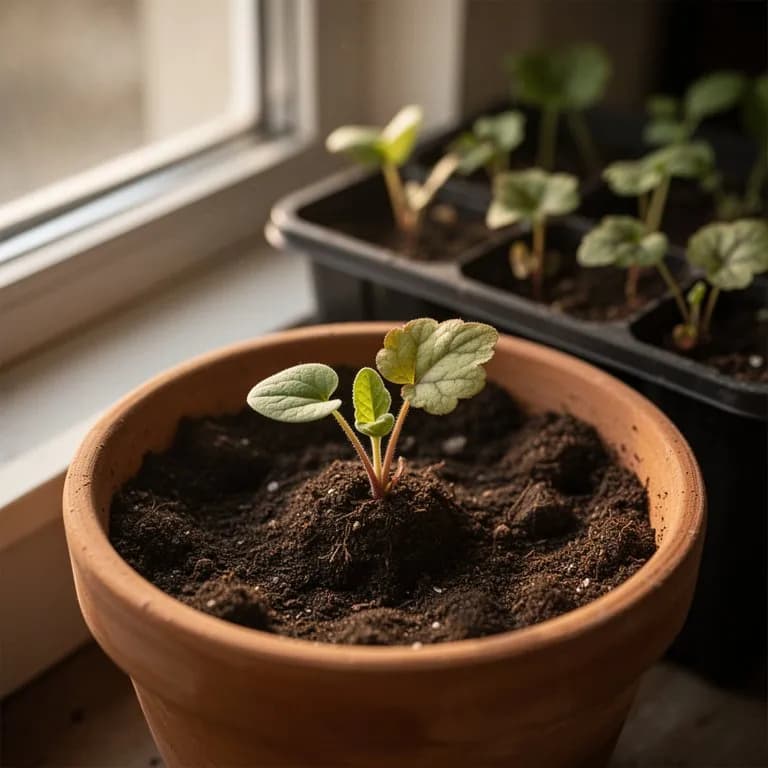 Plántulas jóvenes de heuchera con hojas diminutas y redondeadas emergiendo del sustrato de siembra