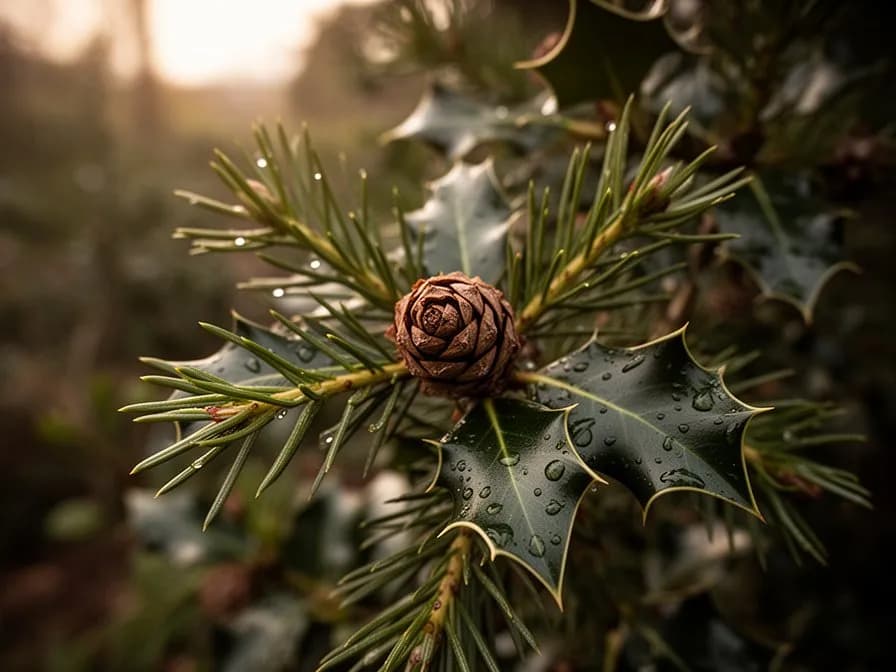 Variegated holly cultivar with cream-edged leaves and red berries in a garden setting
