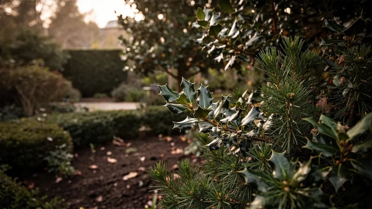 Cultivar de acebo variegado con hojas bordeadas de crema y bayas rojas en un entorno de jardín
