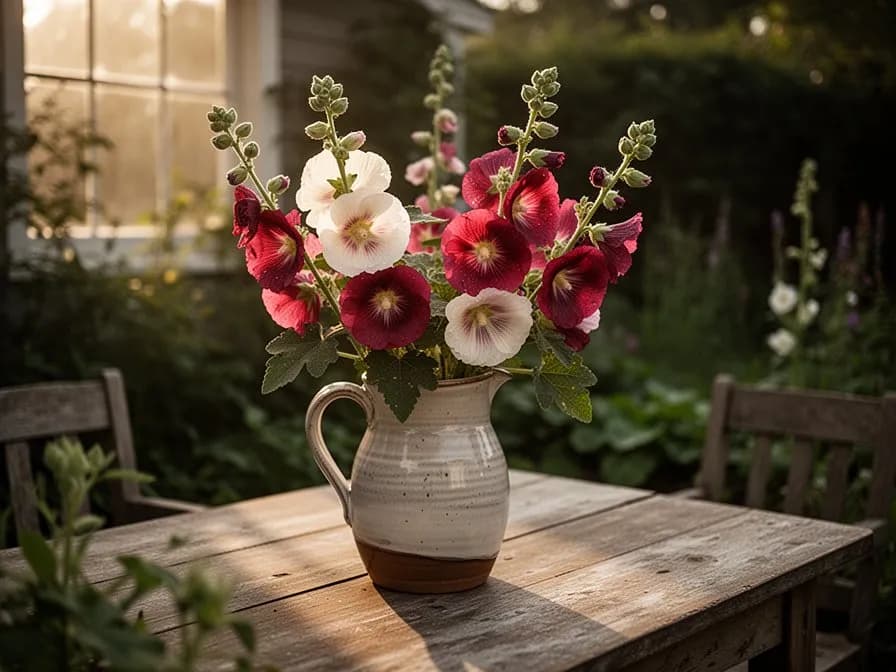 Pétalos secos de malvarrosa junto a una taza de té de hierbas rosa pálido