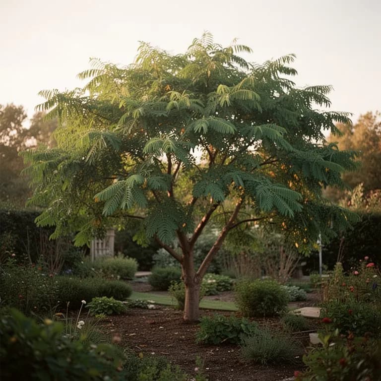 Mature honey locust tree with a broad spreading canopy