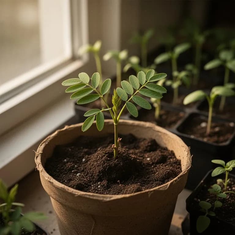 Young honey locust seedling emerging with compound leaves