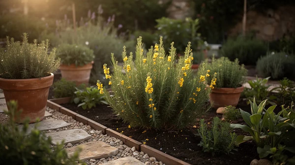 Una planta de honeybush establecida creciendo en un borde soleado del jardín
