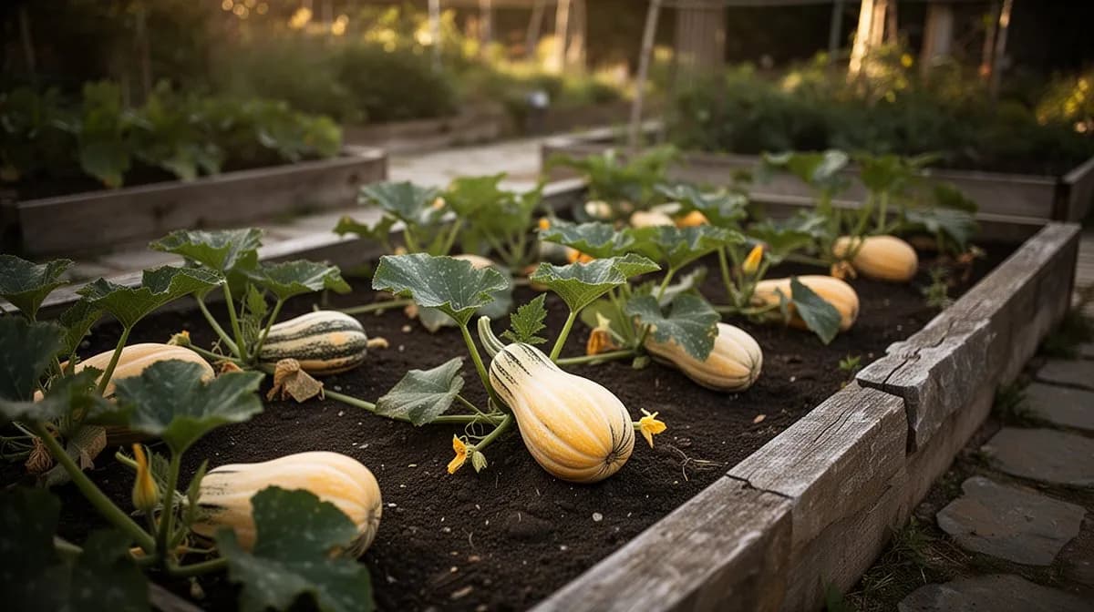 Honeynut squash plants growing in a sunny garden with multiple fruits ripening on compact vines
