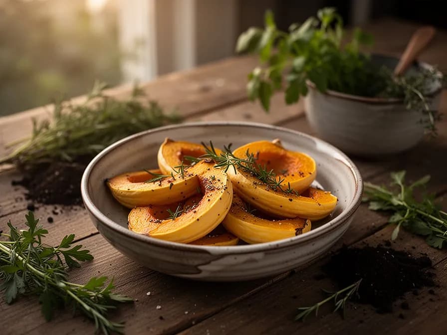 Halved honeynut squash roasted to golden caramelized perfection on a baking sheet