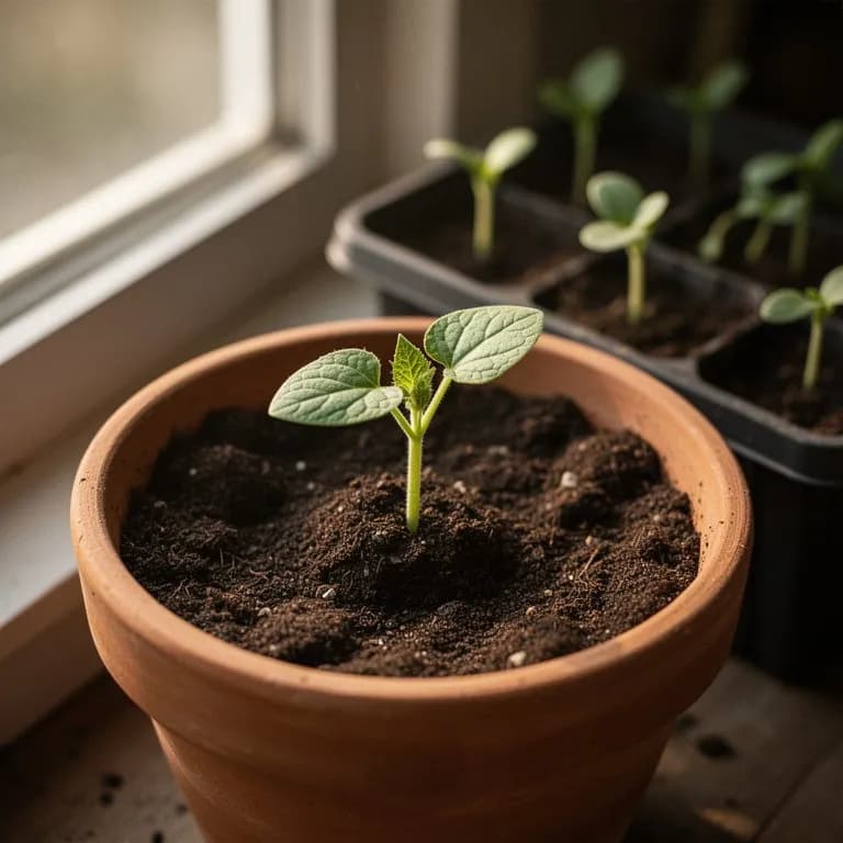 Young honeynut squash seedling with broad rounded cotyledon leaves emerging from warm soil