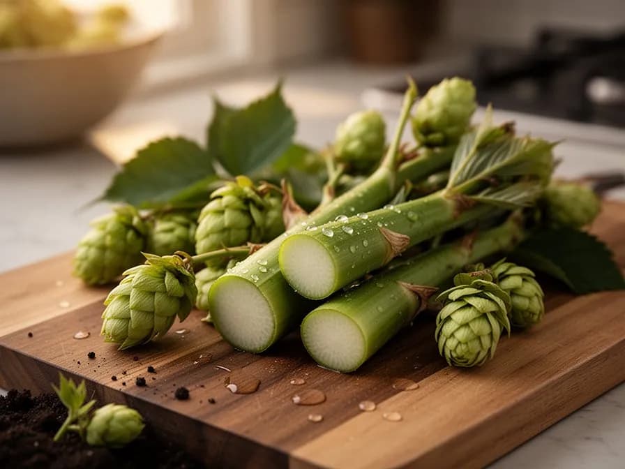 Junge Hopfensprossen, die im zeitigen Frühjahr aus dem Boden austreiben, mit blassgrünen, sich nach oben kräuselnden Spitzen