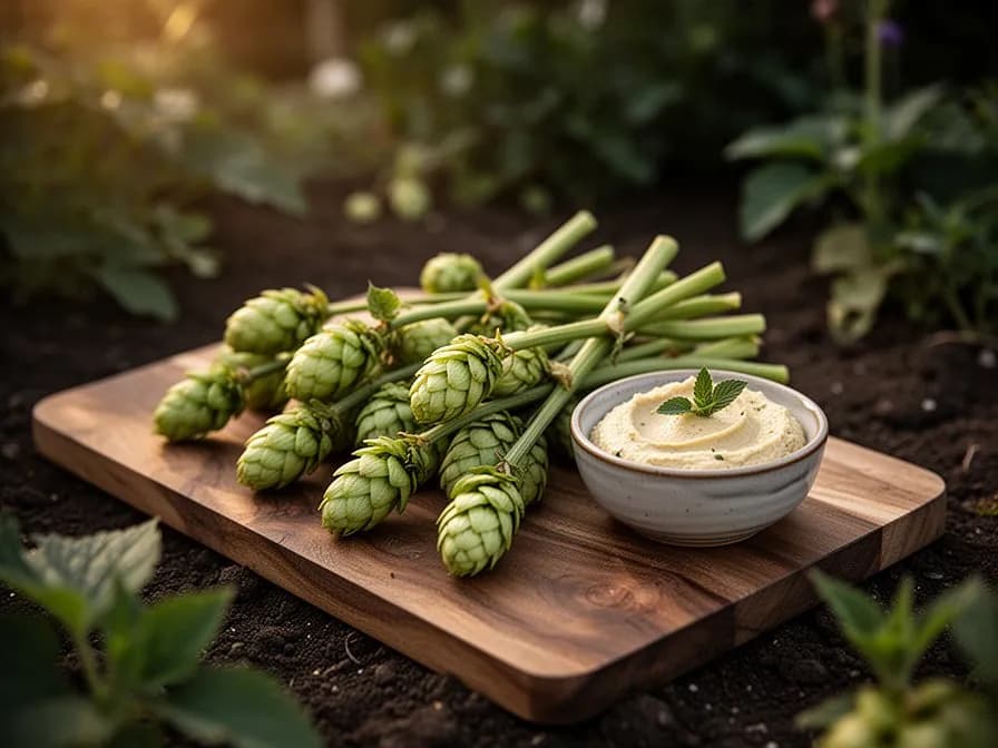 In Butter angebratene Hopfensprossen, glänzend mit Butter und Knoblauch auf einem weißen Keramikteller