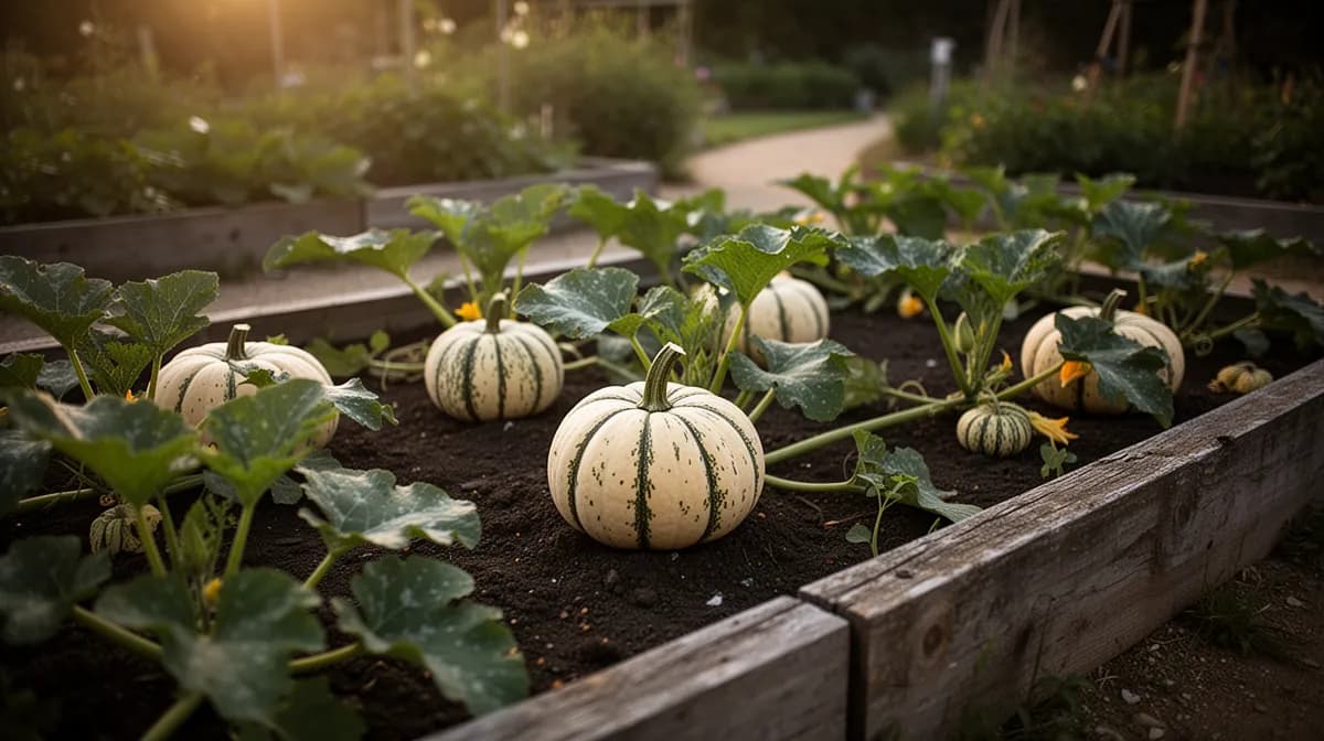 Mehrere Hubbard-Kürbisfrüchte, die zwischen ausladenden Ranken in einem großen Garten reifen