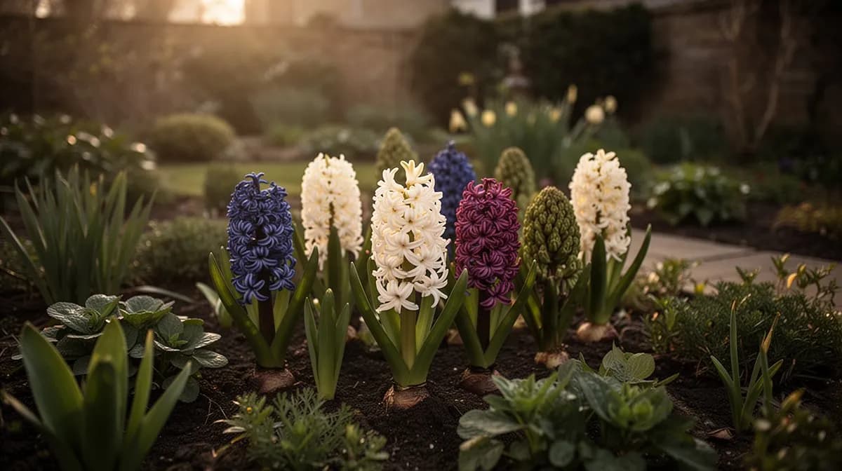 Massenanpflanzung von Hyazinthen in einem formalen Gartenbeet, die einen Farbteppich bildet