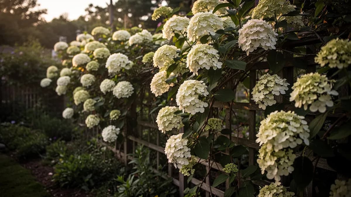 Hortensia trepadora extendiéndose como tapizante denso bajo árboles de hoja caduca