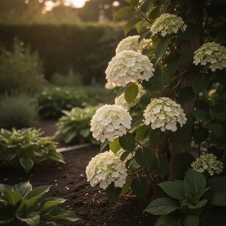 Sich abschälende, zimtbraune Rinde einer ausgereiften Kletterhortensie im Winter